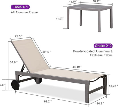 PURPLE LEAF Outdoor Lounge Chair Set for 2 Patio Chaise Lounger with Aluminum Frame and Easy-to-Move Wheels All-Weather Pool Lounge Chairs for Outside Garden Yard Poolside Table Included, Khaki