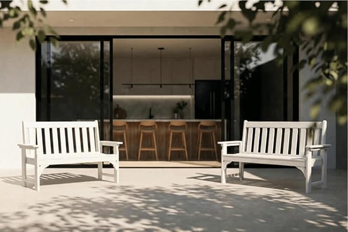 HDPE Garden Bench, All Weather 2-Person Outdoor Benches, Rust Free & Fade Resistant Patio Benches for Garden, Porch, Backyard, Deck, Lawn, Balcony, Poolside (White, 2 Benches)