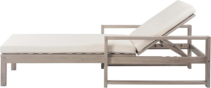 Outdoor Acacia Wood Chaise Lounges Set of 2, Pool Reclining Lounge Chair with 6-Position Adjustable Backrest and Cushions for Porch Backyard Deck Balcony Poolside Lawn (Gray-Set of 2)