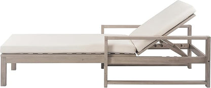 Outdoor Acacia Wood Chaise Lounges Set of 2, Pool Reclining Lounge Chair with 6-Position Adjustable Backrest and Cushions for Porch Backyard Deck Balcony Poolside Lawn (Gray-Set of 2)