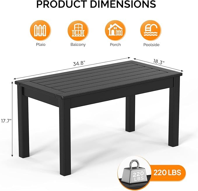 VINGLI Outdoor Coffee Table, HDPE Patio Coffee Table for Outside, All-Weather Rectangle Coffee Table for Deck, Garden, Balcony, Porch, Indoor & Outdoor Use (Black)