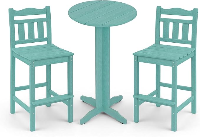 3-Piece Outdoor Bar Set, HDPE Adirondack Bar Height Chairs Set of 2 and Round Bar Table - Photo 1