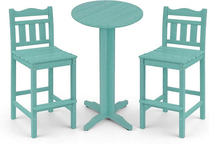 3-Piece Outdoor Bar Set, HDPE Adirondack Bar Height Chairs Set of 2 and Round Bar Table, All Weather Patio Bar Set Outdoor Bar Stools Set for Balcony, Poolside, Backyard (Aruba Blue)