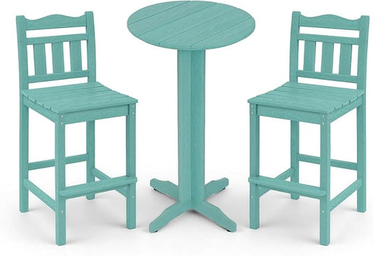 3-Piece Outdoor Bar Set, HDPE Adirondack Bar Height Chairs Set of 2 and Round Bar Table, All Weather Patio Bar Set Outdoor Bar Stools Set for Balcony, Poolside, Backyard (Aruba Blue)