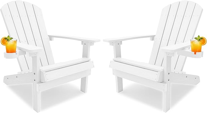 YEFU Adirondack Chairs Set of 2 for Patio: Zero Gravity Fire Pit Chairs Plastic with Cup Holders & Wood Texture - Sturdy All-Weather HIPS for Outdoor Backyard Lawn - Easy Assembly(White)