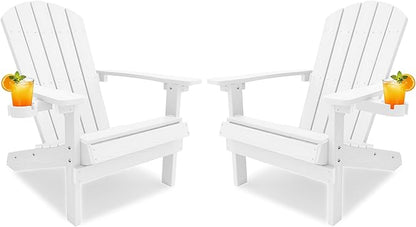 YEFU Adirondack Chairs Set of 2 for Patio: Zero Gravity Fire Pit Chairs Plastic with Cup Holders & Wood Texture - Sturdy All-Weather HIPS for Outdoor Backyard Lawn - Easy Assembly(White)