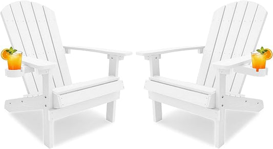 YEFU Adirondack Chairs Set of 2 for Patio: Zero Gravity Fire Pit Chairs Plastic with Cup Holders & Wood Texture - Sturdy All-Weather HIPS for Outdoor Backyard Lawn - Easy Assembly(White)