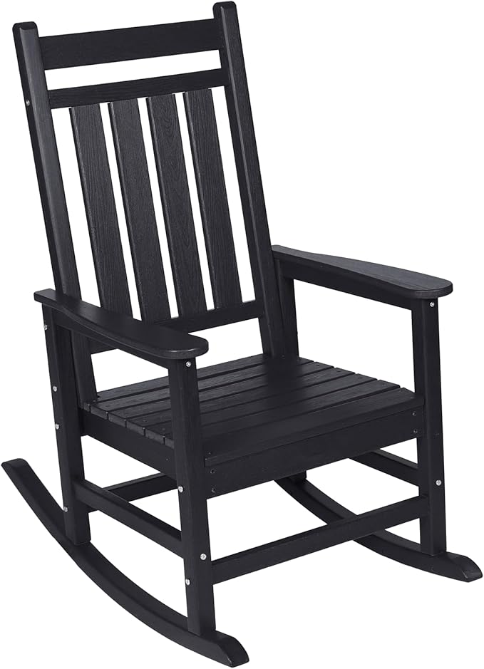 Oversized Rocking Chair with Wood-Texture, Outdoor Rocking Chair for Adults, All Weather Resistant Porch Rocker for Lawn Garden (Black)