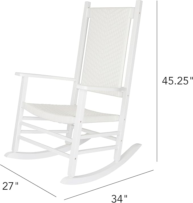 Shine Company Hampton Porch Rocker, High Back Wood Rocking Chair, Rattan Backrest & Seat, White