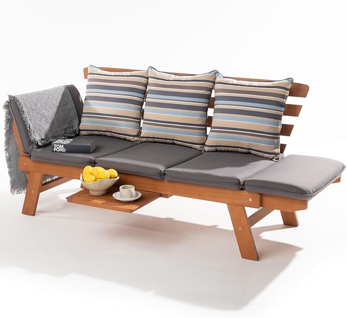 IDZO Amelie Outdoor Daybed Sofa: 750lbs Max Weight Support, Sleeper Chair with Armrest, Coffee Tray, 3 Pillows, FSC Wood - Photo 7