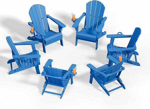 Folding Adirondack Chairs with Cup Holders, Set of 6 HDPE Plastic Outdoor Chairs, Weather Resistant, Real Wood Look - Photo 1