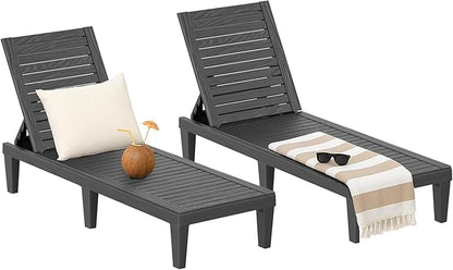 EasyUp Resin Chaise Lounge Chairs with 5-Position Backrest, UV & Fade-Resistant, Waterproof for Garden, Pool, Beach & Patio (Set of 2-Black)