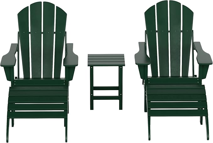 WestinTrends Malibu Outdoor Lounge Chairs Set, 5-Pieces Adirondack Chair Set of 2 with Ottoman and Side Table, All Weather Poly Lumber Patio Lawn Folding Chair for Outside, Dark Green