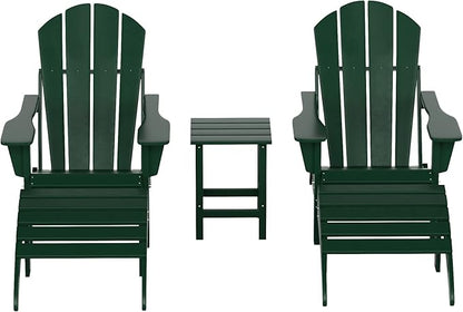 WestinTrends Malibu Outdoor Lounge Chairs Set, 5-Pieces Adirondack Chair Set of 2 with Ottoman and Side Table, All Weather Poly Lumber Patio Lawn Folding Chair for Outside, Dark Green