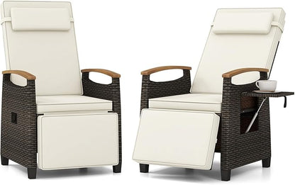 Tangkula Patio Wicker Recliner Chair, Rattan Lounge Chair w/Adjustable Backrest & Footrest, Flip Side Table, Push Back Reclining Seat w/Cushion for Backyard, Porch, Lawn (2, Off White)