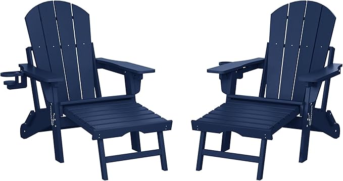 WestinTrends Malibu Folding Adjustable Adirondack Chair with Retractable Ottoman and Cup Holder (Set of 2), Navy Blue
