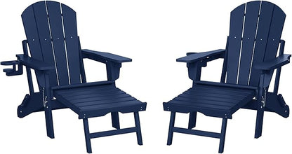 WestinTrends Malibu Folding Adjustable Adirondack Chair with Retractable Ottoman and Cup Holder (Set of 2), Navy Blue
