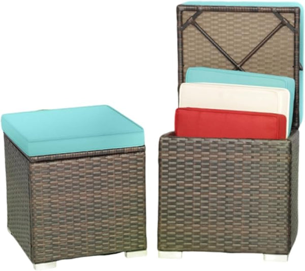 MEDIMALL Patio Wicker Ottoman Set of 2, Multipurpose Outdoor Footstool w/Removable Cushions, Rattan Side Table w/Storage - Photo 1