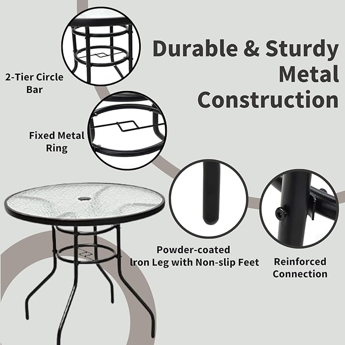 32 Inch Round Outdoor Coffee Table, All-Weather Bistro Table with Steel Frame & Tempered Glass, Dining Table for Backyard, Sunroom, Balcony, Lawn, Pool