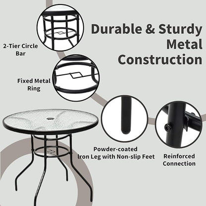 32 Inch Round Outdoor Coffee Table, All-Weather Bistro Table with Steel Frame & Tempered Glass, Dining Table for Backyard, Sunroom, Balcony, Lawn, Pool