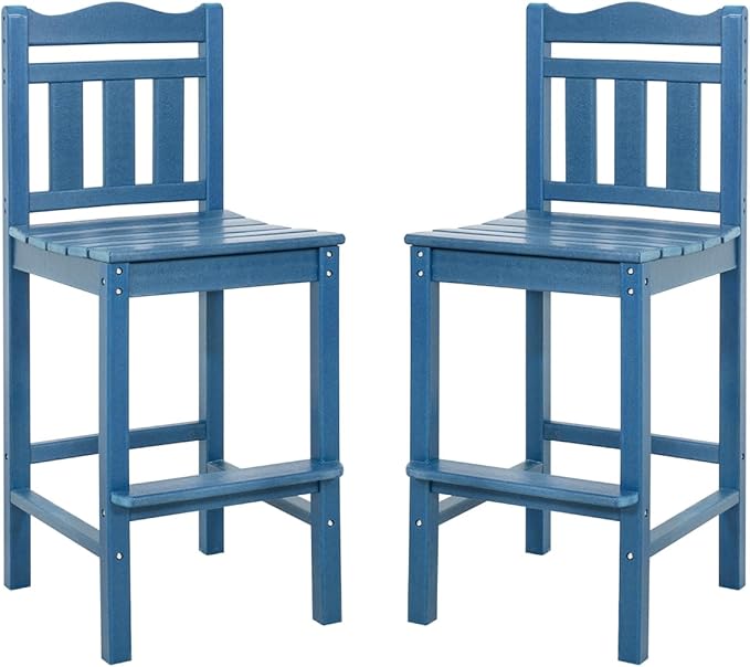 Sundale Outdoor Tall Adirondack Bar Chair Set of 2, HDPE Patio Bar Stools with Backrest, 27.5 Inch Seat Height Tall Bistro Dining Counter Stool, All-Weather Pub Height Chair, Navy Blue