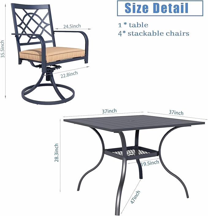 SUNCROWN 5 Pieces Outdoor Dining Set Metal Swivel Cushioned Chairs Patio Furniture Sets with Steel Slat Bistro Table and Sky Blue 9Ft Patio Umbrella for Backyard, Lawn, Garden, Deck, Poolside