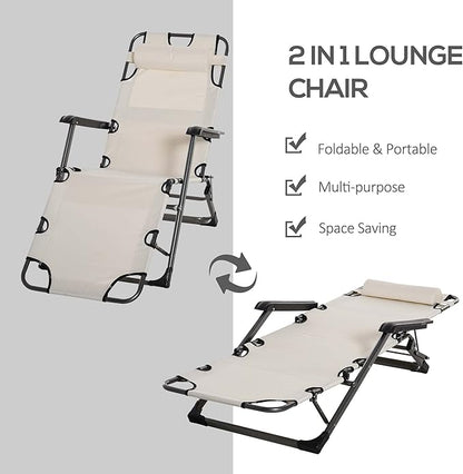 Outsunny Folding Chaise Lounge Chair for Outside, 2-in-1 Tanning Chair with Pillow & Pocket, Adjustable Pool Chair for Beach, Patio, Lawn, Deck, Cream White