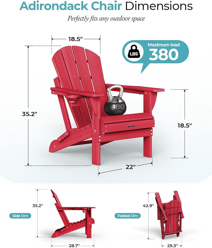 Ciokea Folding Adirondack Chair Wood Texture, Patio Adirondack Chair Weather Resistant, Plastic Fire Pit Chair with Cup Holder, Lawn Chair for Outdoor Porch Garden Backyard Deck (Red)