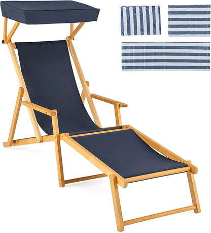 Giantex Lounge Chair Outdoor, Foldable Beach Chaise Lounge with Adjustable Canopy, Replacement Fabric, Wood Frame, Reclining Backrest & Footrest, Camping Chair for Patio, Poolside, Beach (1, Navy)