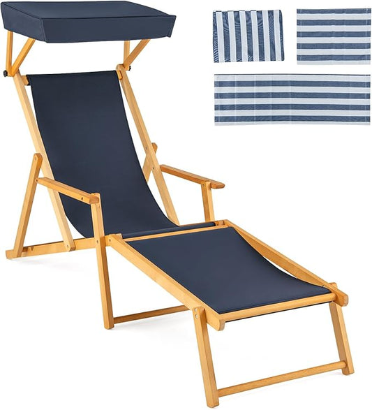 Giantex Lounge Chair Outdoor, Foldable Beach Chaise Lounge with Adjustable Canopy, Replacement Fabric, Wood Frame, Reclining Backrest & Footrest, Camping Chair for Patio, Poolside, Beach (1, Navy)