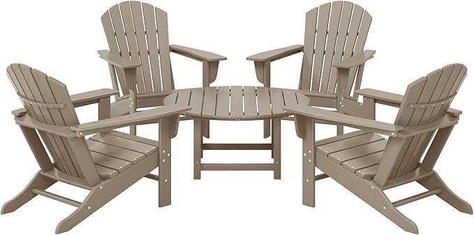 WestinTrends Dylan 5-Piece Outdoor Patio HDPE Adirondack Chair with Round Coffee Table Conversation Set, Weathered Wood