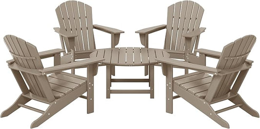 WestinTrends Dylan 5-Piece Outdoor Patio HDPE Adirondack Chair with Round Coffee Table Conversation Set, Weathered Wood
