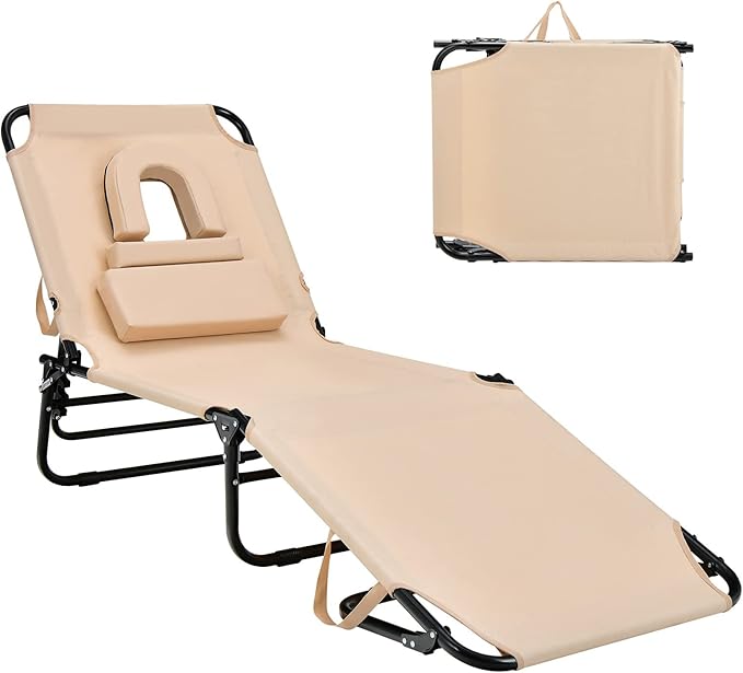 Goplus Tanning Chair, Folding Beach Lounge Chair with Face Hole, Removable Pillow, Carry Strap, Position Adjustable, Sunbathing Chair, Portable Outside Lounge Chair for Patio Pool