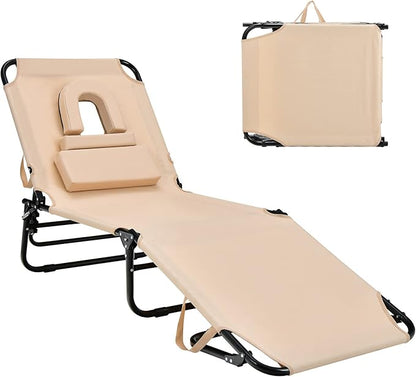 Goplus Tanning Chair, Folding Beach Lounge Chair with Face Hole, Removable Pillow, Carry Strap, Position Adjustable, Sunbathing Chair, Portable Outside Lounge Chair for Patio Pool