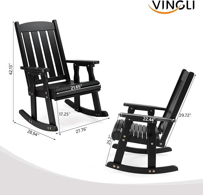 VINGLI Outdoor Rocking Chair, Heavy Duty 600 LBS Wooden Rocking Bench with Comfortable Backrest, Weatherproof Patio Rocker with Ergonomic Design, Wood Rocking Chair for Patio, Garden (Black, 1PC)