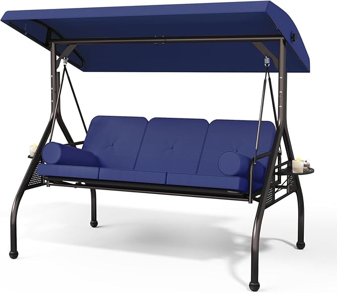 3 Seat Outdoor Porch Swing Bench, Adjustable Canopy Swing Chair - Photo 1