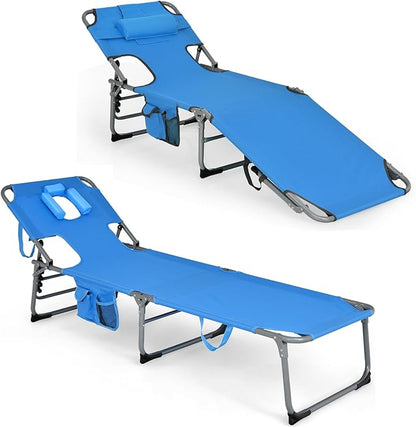 Goplus Tanning Chair, Folding Adjustable Patio Lounge Chair with Face Hole, Removable Pillow, 330LBS, Carry Strap, Outdoor Sunbathing Chair, Lightweight Portable Beach Lounge Chair (2, Navy)