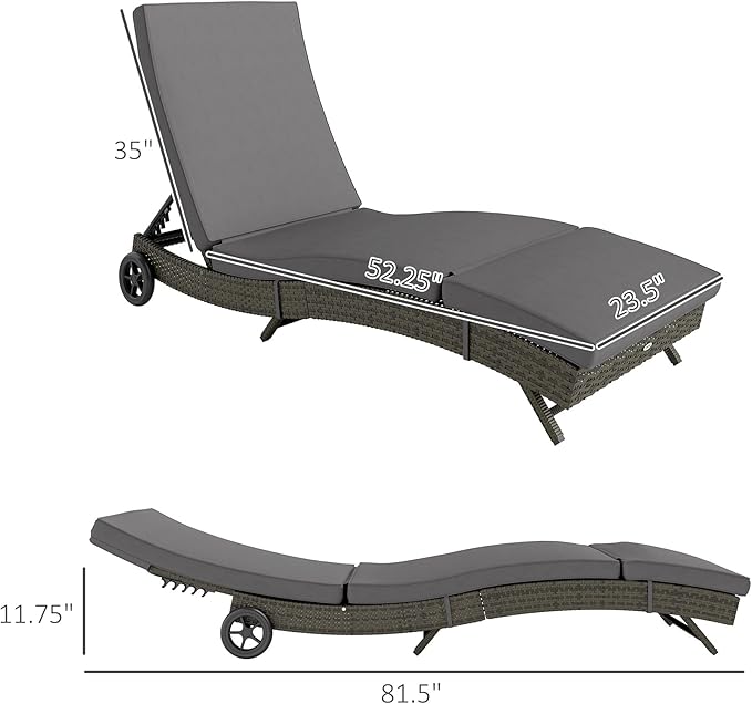 Outsunny Wicker Chaise Lounge Chair Outdoor with Wheels & Cushion, PE Rattan Patio Lounge Chair with 5-Level Adjustable Backrest for Poolside, Garden, Gray