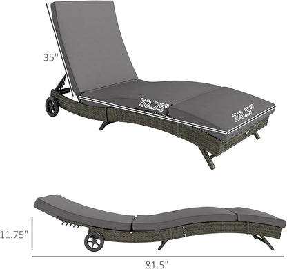 Outsunny Wicker Chaise Lounge Chair Outdoor with Wheels & Cushion, PE Rattan Patio Lounge Chair with 5-Level Adjustable Backrest for Poolside, Garden, Gray
