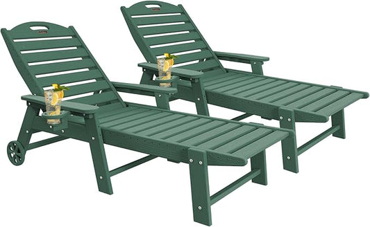 Chaise Lounge Chair Outdoor with Wheels Set of 2, Adjustable 5-Position Chaise Lounge Outdoor with Wood Texture, Patio Lounge Chair for Poolside Backyard, Green
