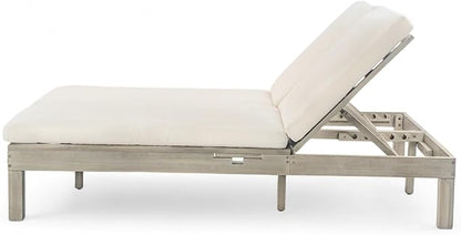 SOFTSEA Patio Double Chaise Lounge with 5-Position Adjustable Backrest, Outdoor Chaise Lounge with Cushions for 2 People, Wooden Outdoor Daybed with Folding Side Trays for Pool Backyard, Gray
