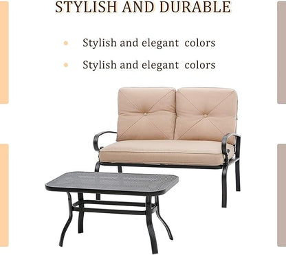 Outdoor 2 Pcs Patio Loveseat Bench Set with Bistro Coffee Table and Patio Steel Frame Sofa with Cushion, Wrought Iron Look, Lawn Front Porch Garden (Brown)