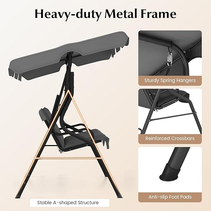 RELAX4LIFE 3-Person Porch Swing Chair - Outdoor Swing w/Adjustable Canopy, Removable Cushion & Metal Frame Stand - Photo 7
