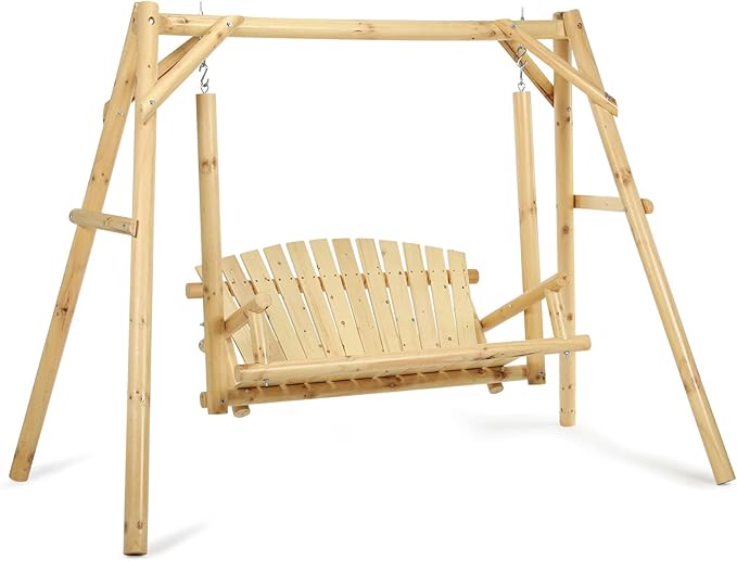 2-Seat Wooden Log Porch Swing With Stand, Rustic Hardwood Chair Bench, Curved Back, for Outside Yard, Garden, Deck - Photo 8