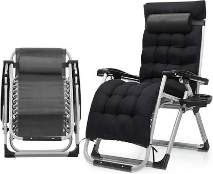 Athena Collection 3 in 1 Patio Lounge Chair Foldable Camping Chair with Headrest Chaise Lounge Nap Chair with Removable Thick Cushion Reclining Beach Sleeping Chair for Indoor and Outdoor, Black