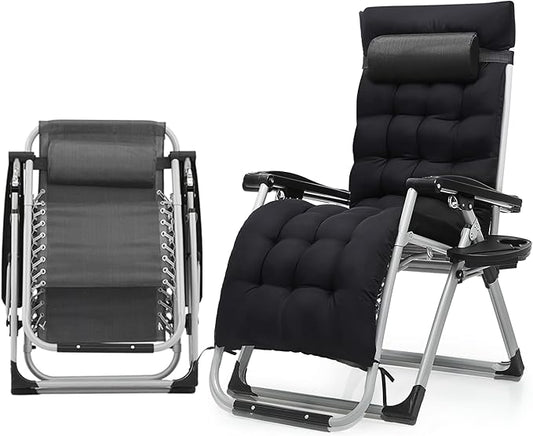 Athena Collection 3 in 1 Patio Lounge Chair Foldable Camping Chair with Headrest Chaise Lounge Nap Chair with Removable Thick Cushion Reclining Beach Sleeping Chair for Indoor and Outdoor, Black