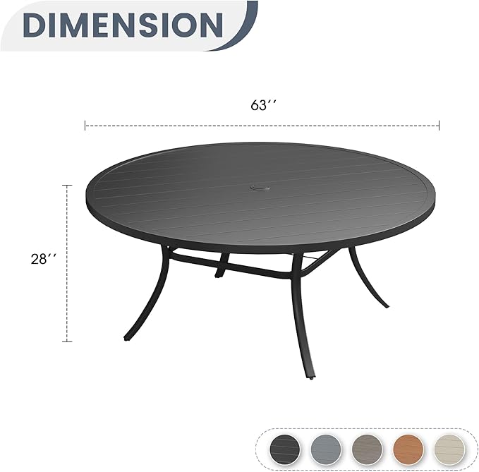 VICLLAX 63" Outdoor Patio Dining Table for 8-10, Metal Round Table with Umbrella Hole for Deck Lawn Garden Backyard, Black