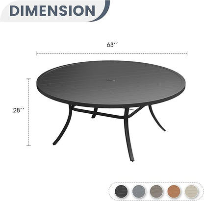 VICLLAX 63" Outdoor Patio Dining Table for 8-10, Metal Round Table with Umbrella Hole for Deck Lawn Garden Backyard, Black