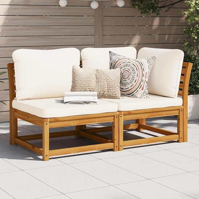 2 Piece Outdoor Sectional Sofa Set Cream White Acacia Wood Patio Couch with Removable Cushions Slatted Design Modular Small Balcony Garden Conversation for Deck Lawn Sunroom