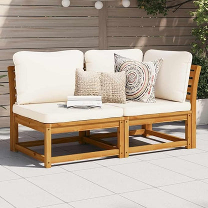 2 Piece Outdoor Sectional Sofa Set Cream White Acacia Wood Patio Couch with Removable Cushions Slatted Design Modular Small Balcony Garden Conversation for Deck Lawn Sunroom